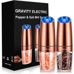 Gravity Electric Pepper and Salt Grinder Set, Adjustable Coarseness, Battery Powered with LED Light, One Hand Automatic Operation, Stainless Steel Copper, 2 Pack (2.5*2.5*7.9inch)