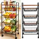 SWEETBLOOM Fruit Vegetable Storage Cart for Kitchen, 5-Tier Vegetable Stand Rack with Pull-Out Fruit Baskets, Rolling Snack Cart with Wood Top for Pantry, Living Room, Bathroom, 18.92 x 9.07 x 12.61 inches