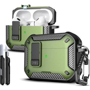 R-fun for AirPods Pro 2 Case with Cleaning Kit,Carbon Fiber Elements Military Drop Proof Auto Pop up Cover, Phone Stand and Magnetic Base with Carabiner Hook Compatible with AirPods Pro 2,Mil Grn