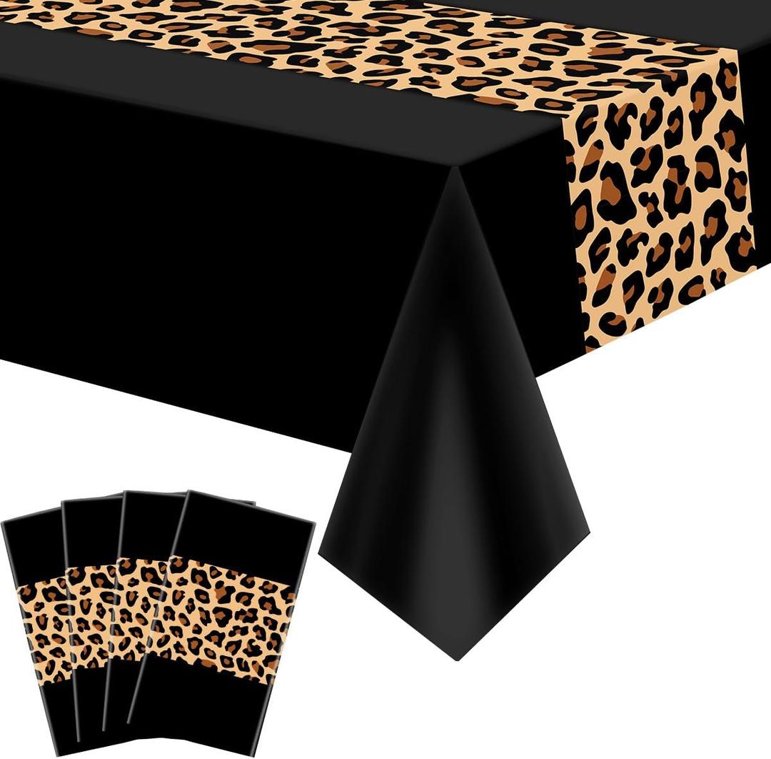4 Pcs Leopard Print Party Tablecloth Decorations, Waterproof Rectangle Safari Animal Cheetah Table Cloths Leopard Tablecloth for Jungle Safari Animal Baby Shower Birthday Party Supplies, 52 x 86"