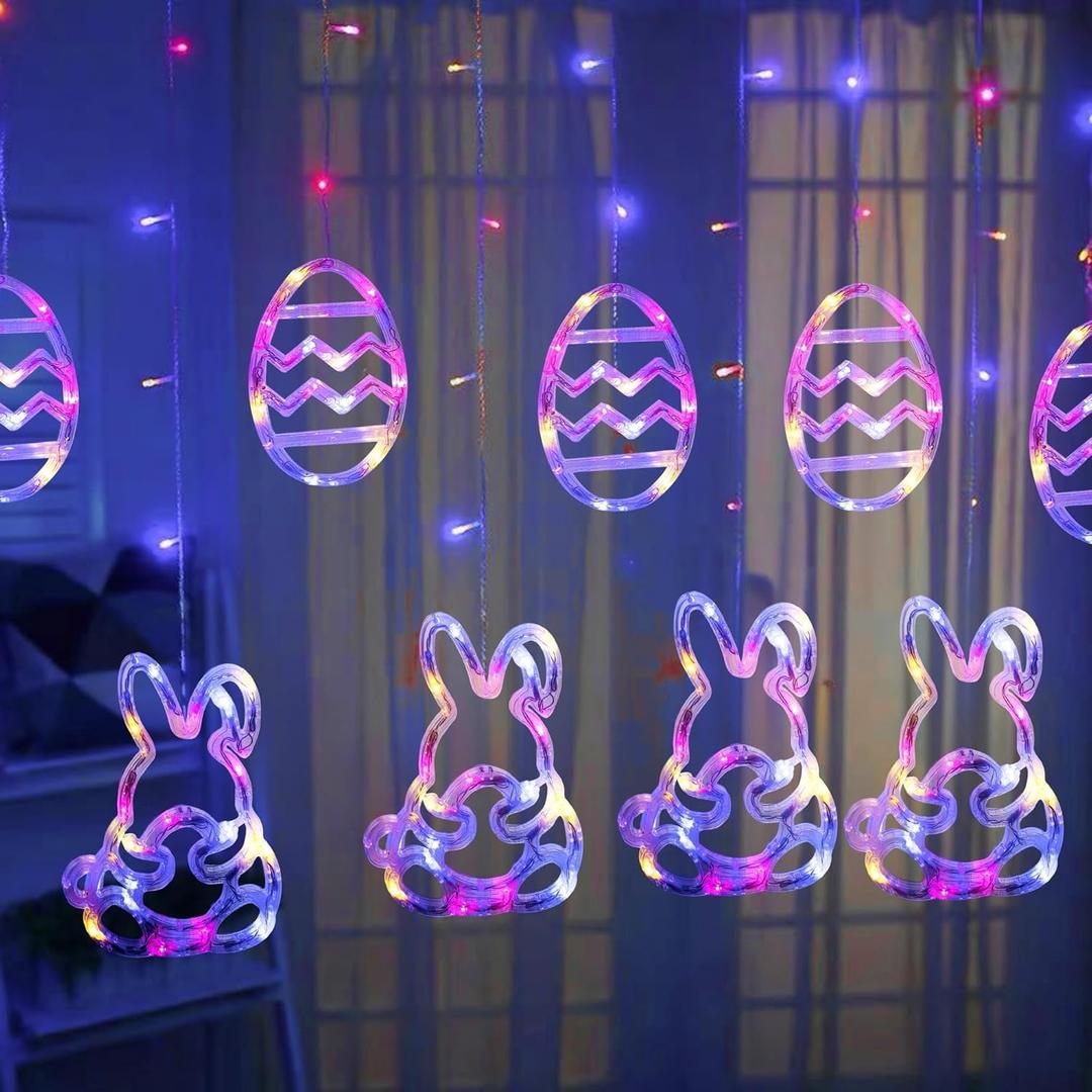 Dazzle Bright Easter Lights, 222LED 9FT Pastel Rabbit and Eggs Curtain String Lights with 8 Modes, Plug in Easter Decorations for Indoor Window Outdoor Party Decor (Multi-Colored)
