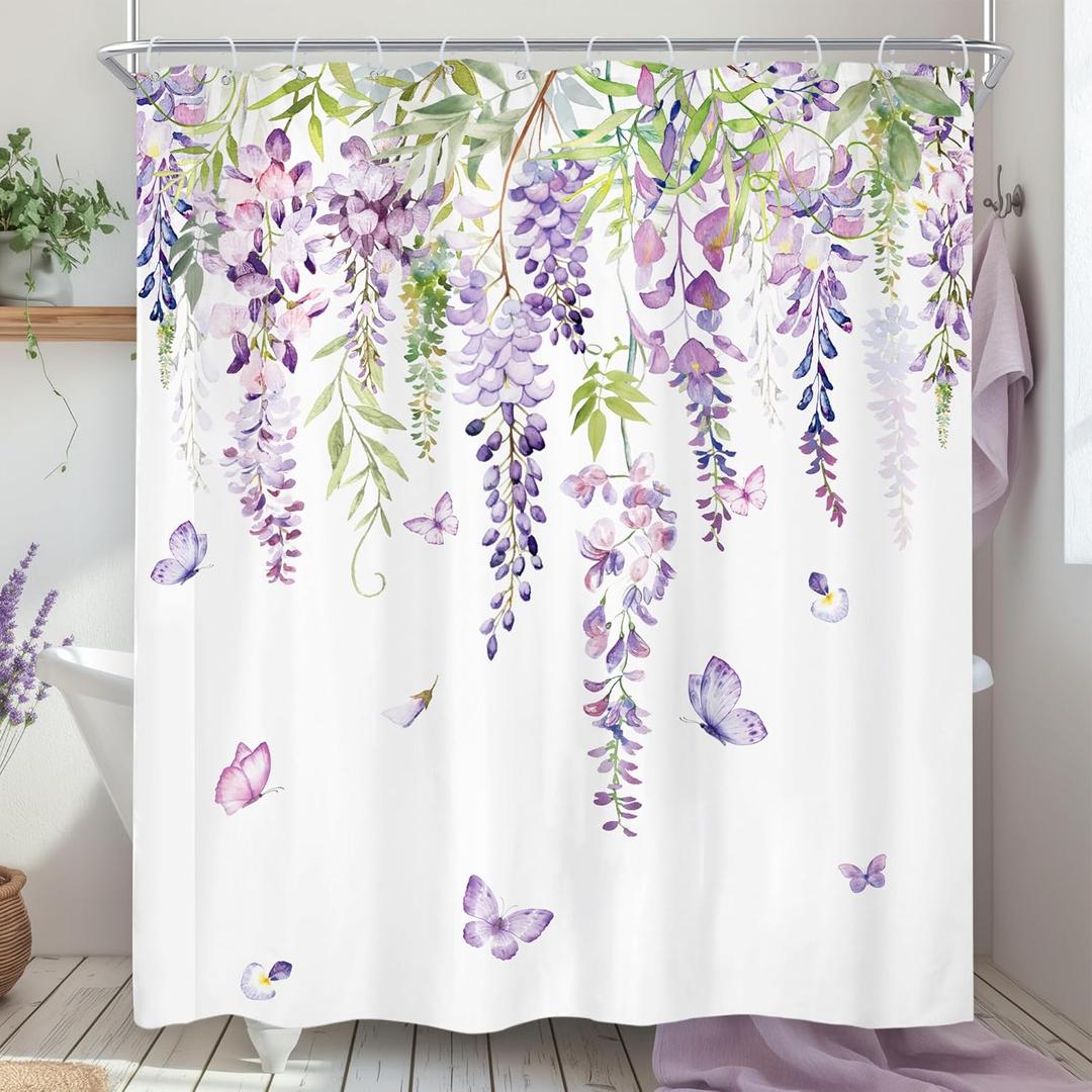 Riyidecor Purple Lavender Floral Shower Curtain Lilac Purple Flower Butterfly Botanical Plant Watercolor Rustic Green Leaves Summer Girls 60Wx72H Inch Bathroom Decor Fabric Waterproof 12 Pack Hooks