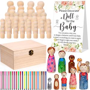 98 Pcs Baby Shower Blocks to Decorate Game Painting Kit Includes 72 Wooden Blank Dolls 1 Storage Box 24 Markers for Baby Shower Activities Gender Reveal Decorations(Pink)