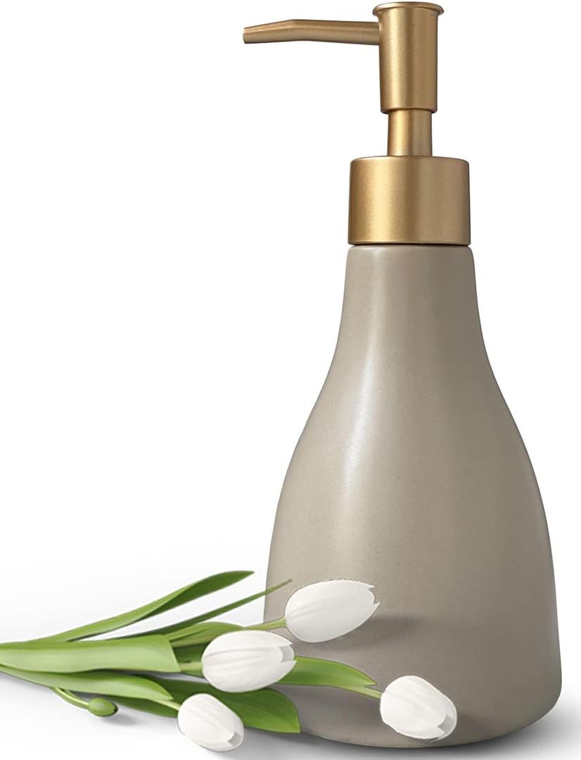 280ml Liquid Soap Dispenser for Bathroom with Gold PumpDish Soap Dispenser for KitchenRefillable Countertop Lotion Ceramics Khaki Hand Soap Dispenser for Shower