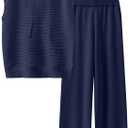 Caracilia Women 2 Piece Outfits Summer Sleeveless Tops Knit Pants Sweater Lounge Matching Sets Navy Blue Small