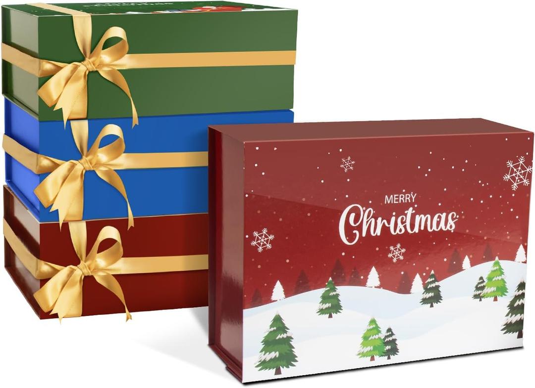 NOVELTYBOXUSA Christmas Gift Boxes with Lids 9.5x7x3.5 Inches Xmas Magnetic Gift Box with Ribbon Gift Card Envelope Tag Hard Cardboard Gift Wrap Box for Eve Holiday Presents Wrapping (1 Count (Pack of 1), Red)