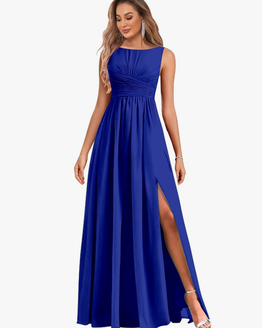MAGGCIF Chiffon Dresses Long for Women with Slit A Line Ruched Formal Evening Gowns. Size Small