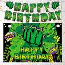 Green Super Hero Happy Backdrop for Birthday Party, 5x3ft Cityscape Hero Skyline Buildings Boom Photography Background Baby Shower Boy Kids Party Decorations Photo Props