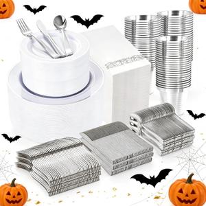 WELLIFE 700 Pieces Silver Plastic Dinnerware Set for 100 Guests - Includes Plates, Cups, Napkins, and Disposable Cutlery - Elegant White & Silver Design, Perfect for Parties and Events
