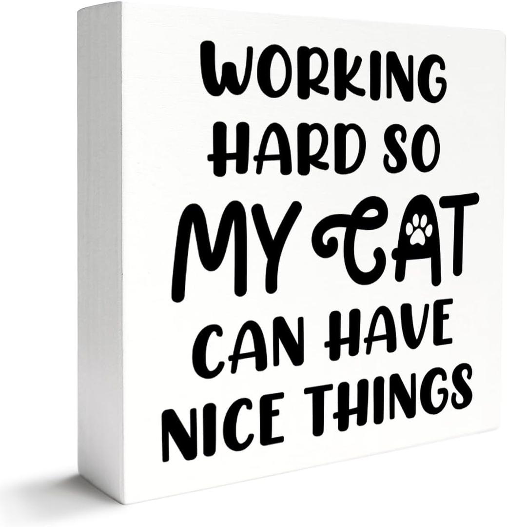 2 x Cat Lover Decor Wooden Box Sign, Funny Cat Desk Decoration for Home, Working Hard, Cat Lover Gifts for Women Men, Cat Mom Cat Dad Cat Owner Gifts