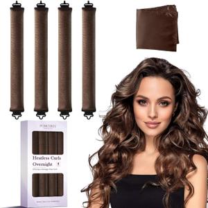 Heatless Curls Overnight Hair Curlers - 4 Pcs No-Heat Curling Rod to Sleep In,Velvet Hair Rollers with Satin Wrap (Brown)
