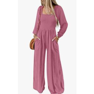 Dokotoo Women's Casual Loose Overalls Jumpsuits One Piece Long Sleeve Wide Leg Long Pant Rompers With Pockets Size M