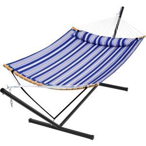 SUPERJARE Hammock with Stand, 2 Person Heavy Duty Hammock with Padded Cotton, Detachable Pillow & Strong Curved-Bar & Portable Carrying Bag, Perfect for Outdoor & Indoor, Navy Blue Stripe