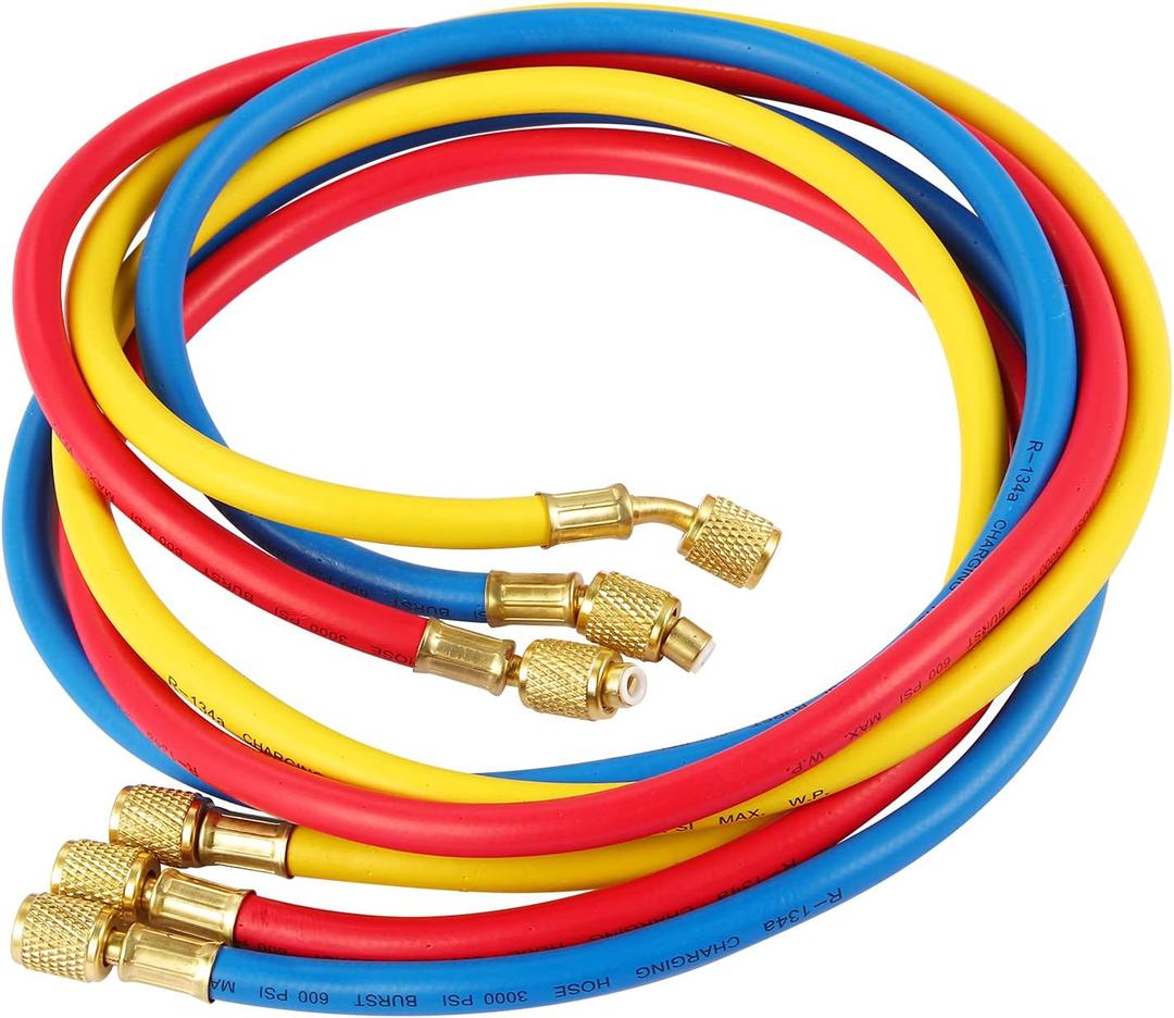 3 Pieces AC Manifold Gauge Hose Kit for R410a R22 R134a R404a, 1/4" Thread Automotive Air Condition Refrigerant R410a A/C Charging Hose with 5ft Hoses