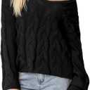 SUUKSESS Women Oversized Cable Sweaters V Neck Long Sleeve Knit Trendy Outfits (Black, M)