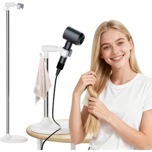 Hair Dryer Stand with 360 Rotating Head, Hands Free, Large Hook,Heavy Duty Base, Adjustable Height, TPU Padded Clip, Aluminum Alloy Holder for Home or Salon (White)
