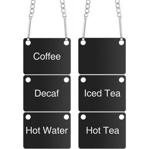 6 Pack Hanging Coffee Labels Airpot Labels Chain Signs, 2.36" x 1.77" Acrylic UV Printed with Chain for Restaurant Beverage Table Display(Coffee/Decaf/hot Tea/iced Tea/hot Water/Blank)