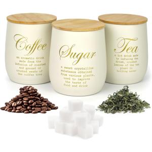 Coffee Tea Sugar Container Set of 3,Farmhouse Storage Containers Jars,Airtight Metal Kitchen Canister Set with Bamboo Lids for Kitchen Counter Dining Room (Metal, 1)