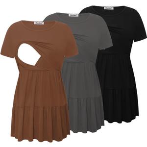 Bearsland Womens Nursing Top 3pack Short Sleeve Scoop Neck Nursing Shirt Breastfeeding Shirts (Large, Black & Iron Grey & Mocha Brown)