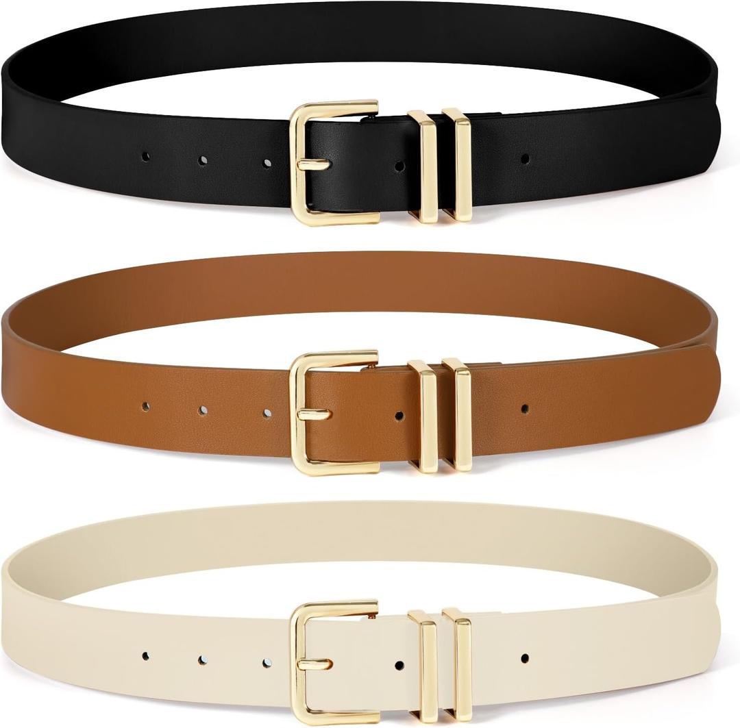SUOSDEY 2 Pack 3 Pack Womens Fashion Leather Belts for Jeans Dresses Pants Black Brown Beige Ladies Belts with Gold Buckle (fits waist from 46"-49")
