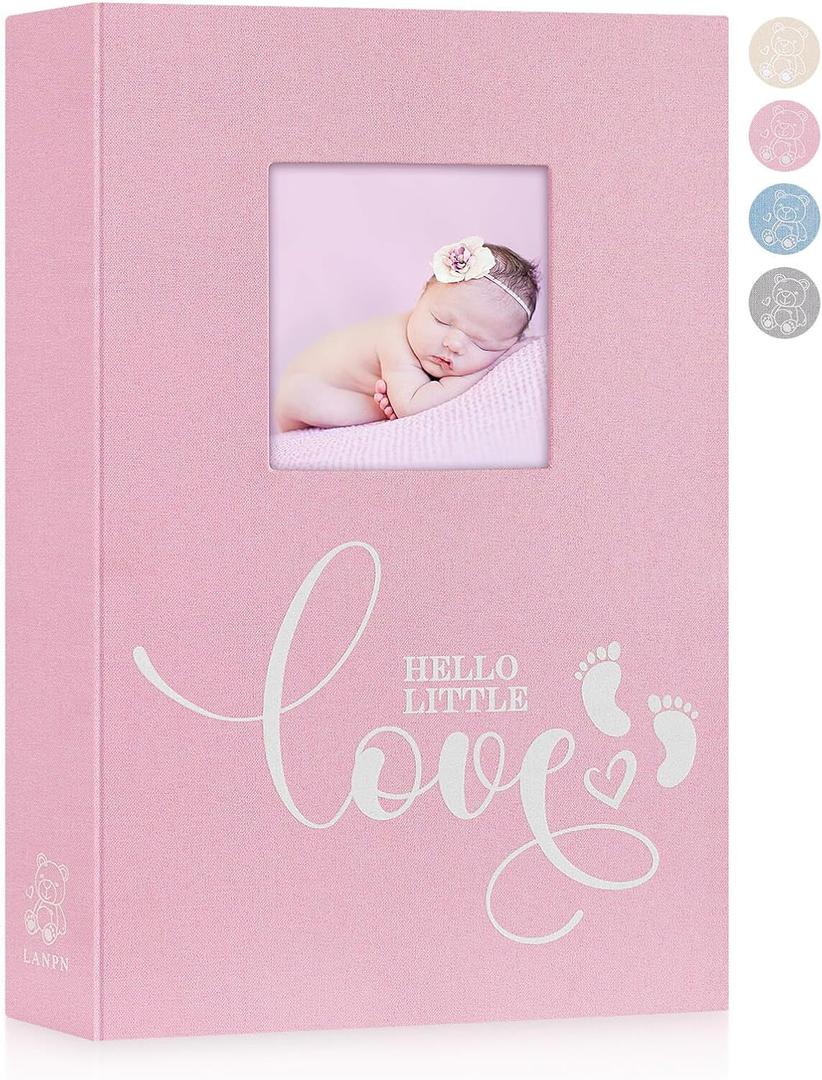 Lanpn Baby Photo Album 4x6 300 Pockets, Linen Hardcover Newborn Memory Book with Memo Writing Area, Bebe Photobook, Slip-in Picture Book, Ultrasound Album Keepsake Gifts for Girl Baby Shower Pink