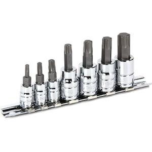 Powerbuilt 7 Piece Torx Bit Socket Set, Star Driver, Sizes T15 T20 T30 T40 T45 T50 T55, S2 Bits and Chrome-Vanadium Sockets - 648414