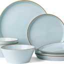 Famiware Saturn Stoneware Dinnerware Sets for 8 (24 Pieces), Ceramic Plates and Bowls Dish Sets with Hand-Painted Trim - Chip & Scratch Resistant, Microwave & Dishwasher Safe Tableware, Light Blue