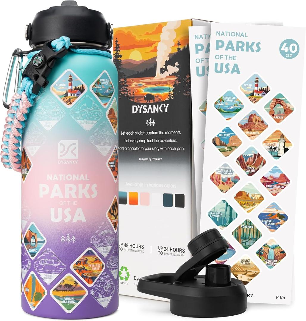 DYSANKY National Parks Water Bottle  40 oz Insulated Stainless Steel Water Jug with 70 Park Stickers, Outdoor Accessories & Gift Box  BPA-Free  Ideal for Hiking, Camping & Travel (Hydrangea)
