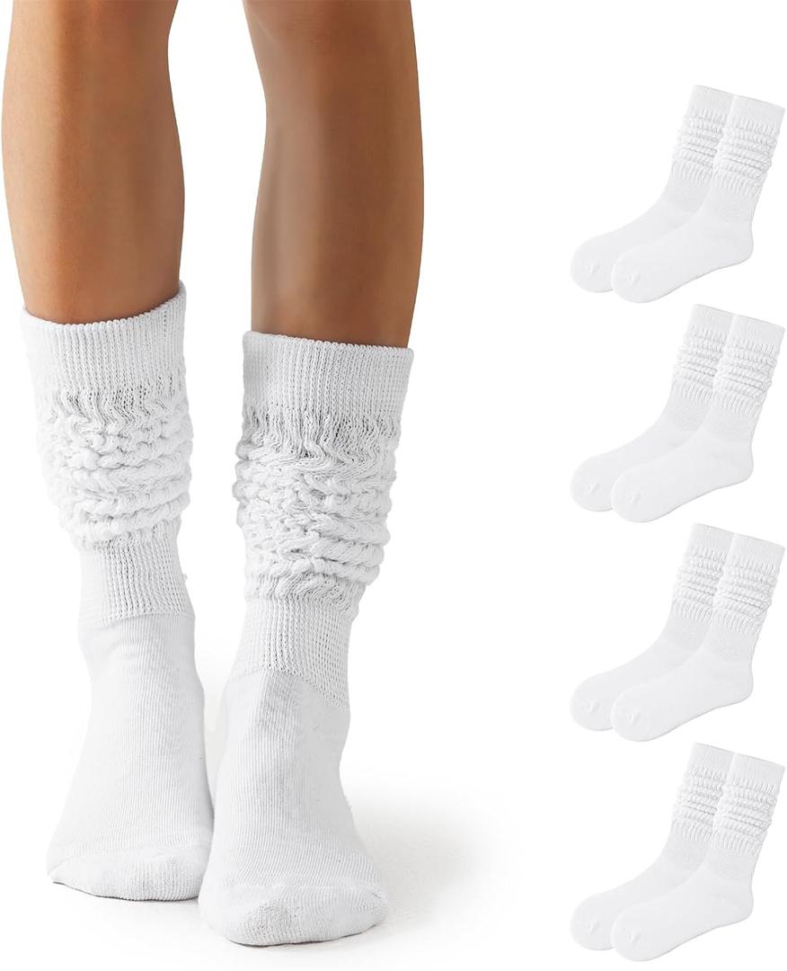 Flydo 4 PACK Women's Slouch Socks Scrunch Socks Soft Thigh High Boot Socks for Women Legs Warmers Socks Size 5-11 (4 Pairs White)