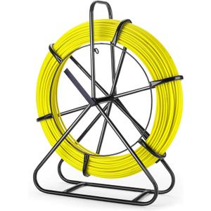 Fiberglass Fish Tape with Hand Brake, 656FT x 1/4" (6mm) Duct Rodder Wire Puller with Steel Reel Stand & Guide Cage, Flexible Cable Puller for Electrical Conduit, Wall & Underground Wiring