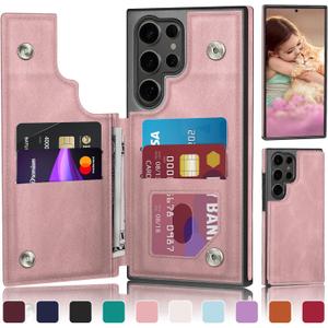 DJDUCK Designed for Samsung Galaxy S24 Ultra Case Wallet with Card Holder, [Magnetic Clasp Cover] [RFID Blocking Leather Protection] Shockproof Women Men Cases for Samsung S24 Ultra Pink