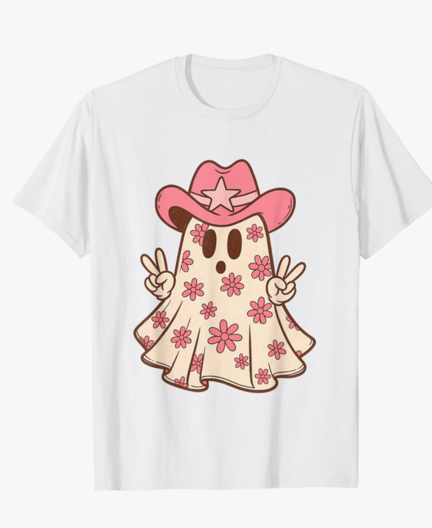 Pink Ghost in Cowboy Hat with Sunflowers Western Halloween T-Shirt Size S