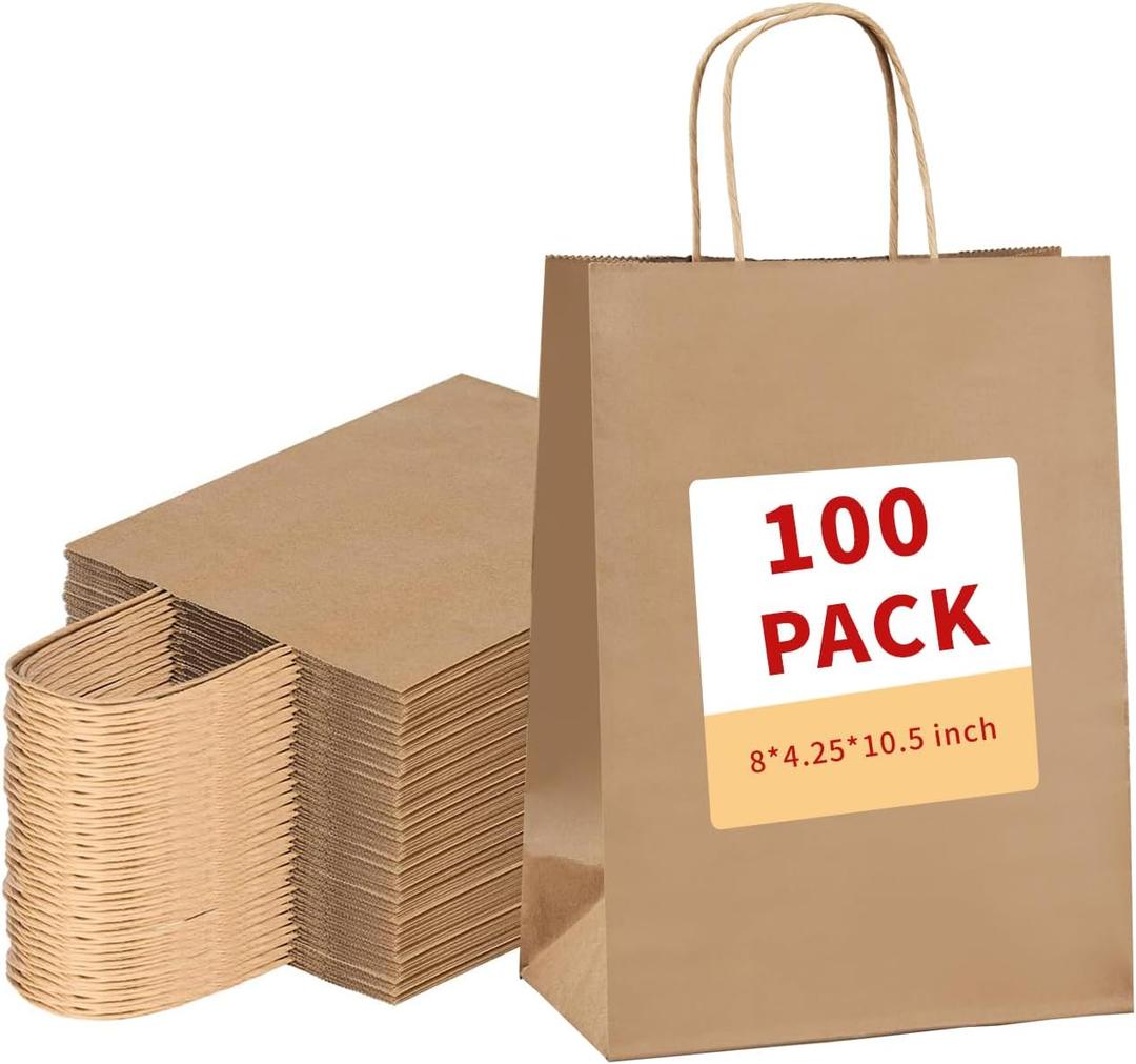 vanhel 100 Pack Brown Paper Bags with Handles,8x4.25x10.5 Inches,Gift Bags Medium Size,Gifts Bag Bulk for Festival,Birthday,Favor,Party,Shopping,Retail Merchandise.