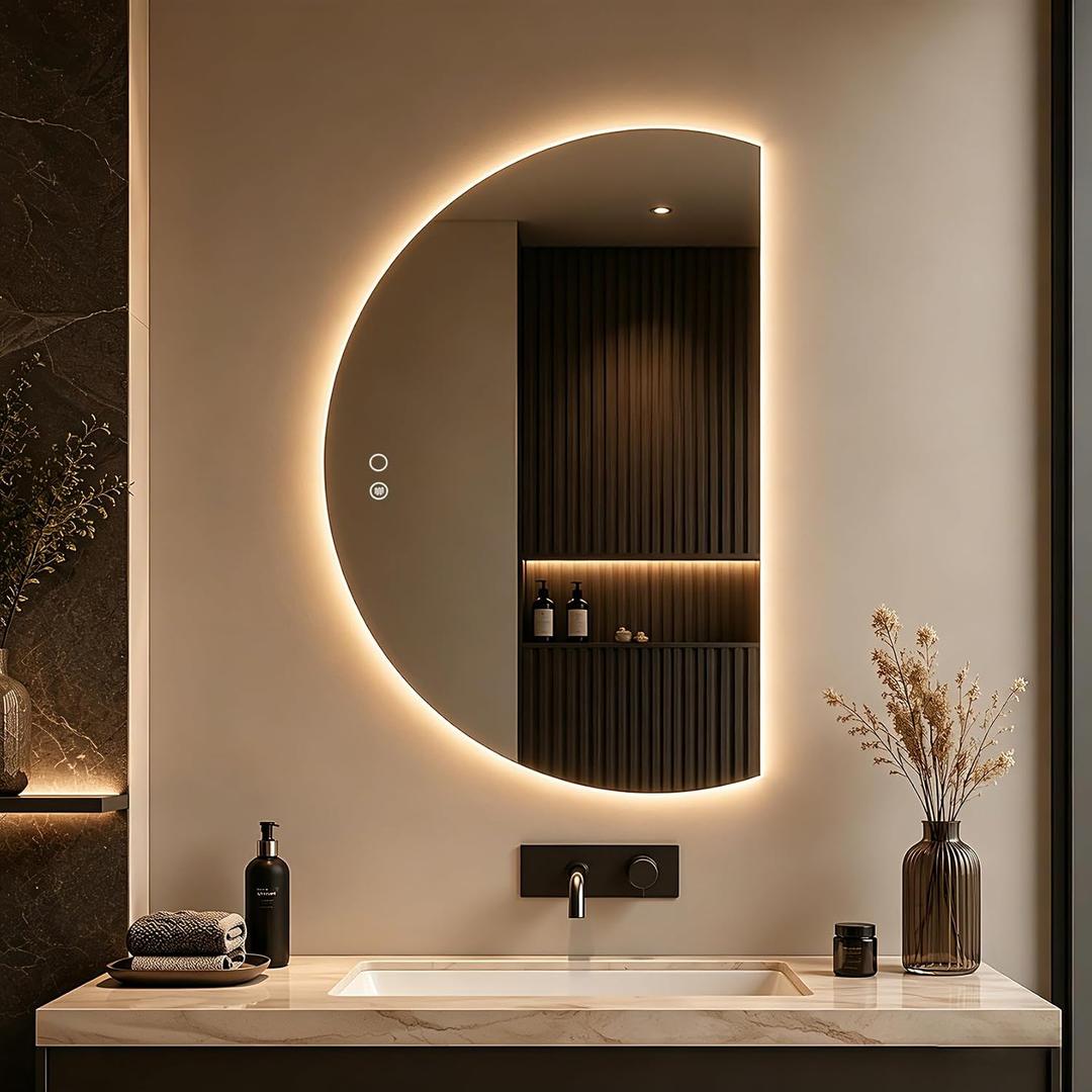 35"x25" Half Moon LED Bathroom Mirror with Lights, Irregular Backlit Vanity Makeup Wall Mirror with Anti-Fog, 3 Color Lights, Dimmable Touch Switch