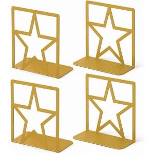 GEOMOD Gold Star Metal Bookends Heavy Duty for Desk & Shelves, Non-Slip Metal Bookends for Bookshelf End Holders, Modern Decorative Book Ends Gold, Book Holder for Office, Study & Home Library 2 Pairs