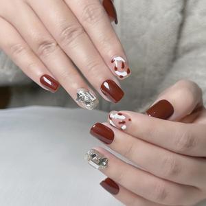 Soovbk Short Square Press on Nails, Handmade Press on Nails, Red Leopard with Flash Rhinestone Design, Professional Hand-Painted Nail Design 10 pcs Set (Size Medium)