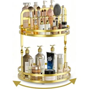 360 Rotating Makeup Organizer, 2-Tier Gold Perfume Organizer for Dresser, Bathroom Organizer Countertop, Lazy Susan Spinning Perfume Stand Vanity Skincare Storage with Makeup Brush Holder