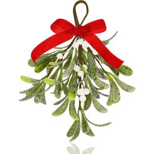 Mistletoe Christmas Decor, Artificial Fake Hanging Mistletoe Picks with Velvet Bow Berries,Like Real Christmas Kissing Ball Ornaments for Kitchen Doorway Tree Decorations (White) (1)
