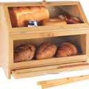 Double Layer Bamboo Bread Box for Kitchen Countertop, Cutting Board, and Stainless Steel Bread Knife, Large Capacity Storage Container with Clear Windows (Self-Assembly)