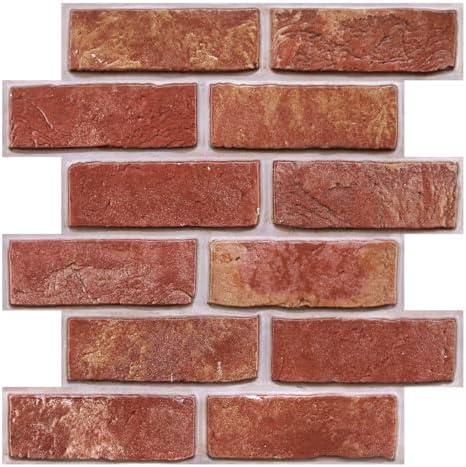 3D Red Brick Peel and Stick Wall Panels, Thin PVC 3D Fake Brick Self Adhesive Wall Covering Faux Brick Backsplash Interior Decor. 10 Pieces
