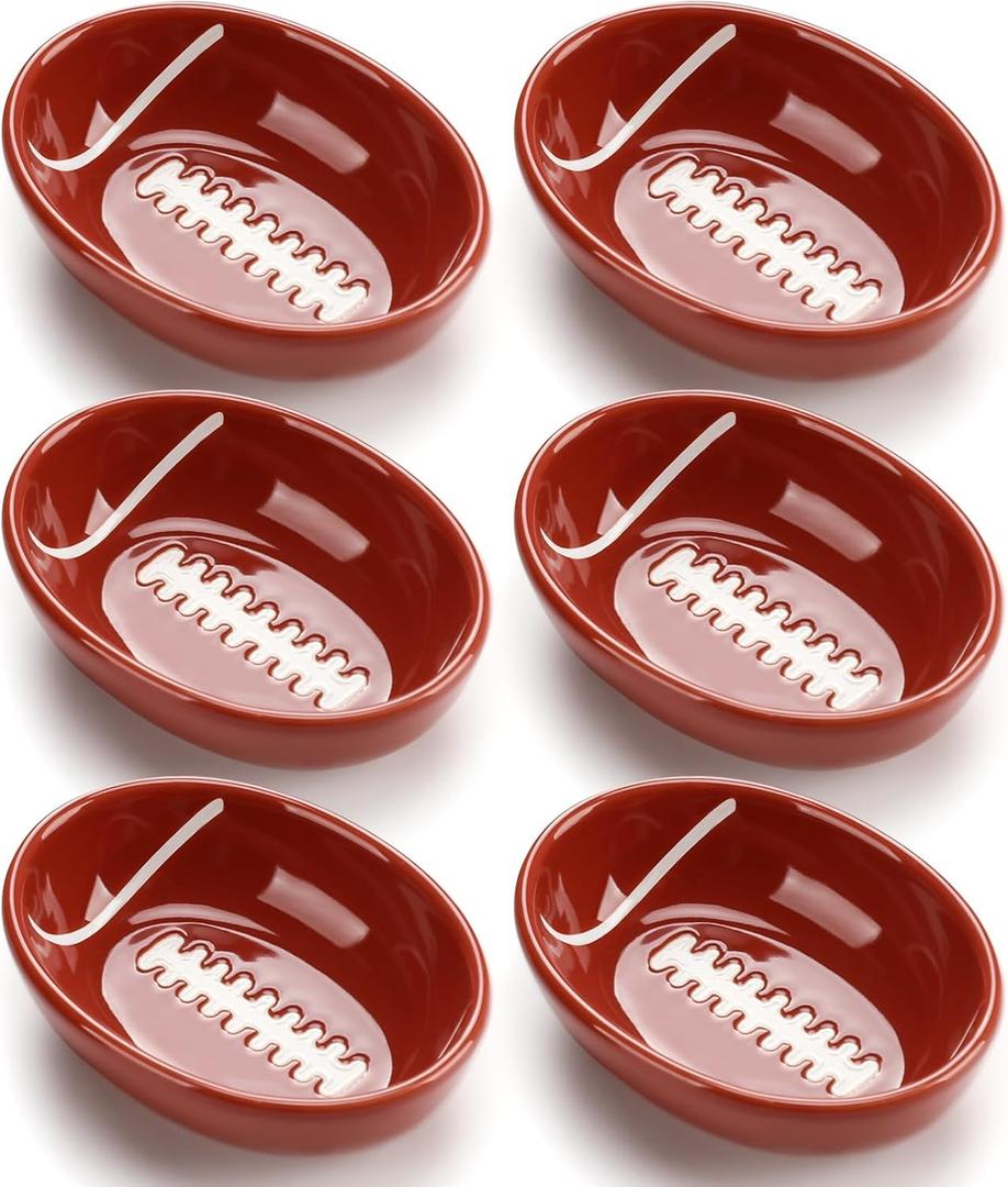 FoldTier 6 Pack Football Bowls Ceramic Football Shaped Dip Bowl 3.15 Inch Small Serving Tray Appetizer Serving Dishes for Tailgate Dinner Sport Event Chip and Dip Sports Game Birthday Party Decoration