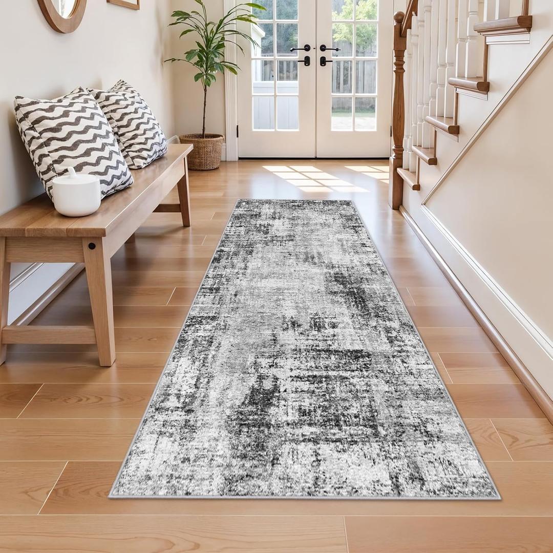 2x6 Washable Kitchen Runner Rug: Abstract Neutral Non Slip Water Resistant Carpet Runners for Hallway Bedside Entryway - Soft Low Pile Easy-Clean Throw Door Mat for Boho Home Decor (Black 2x6)