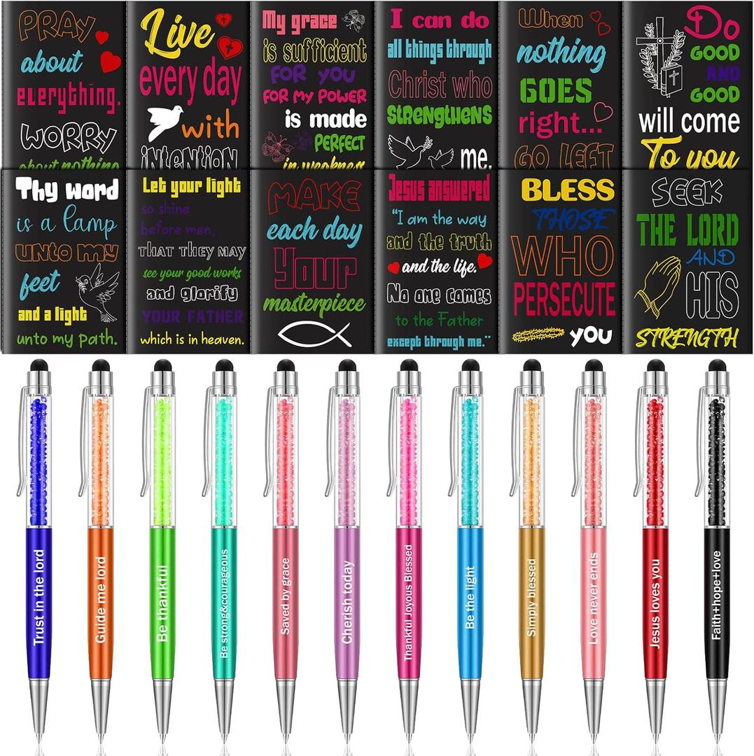 24 Pcs Funny Pens Notepads Gifts Set for Teacher Nurse Christian Theme Appreciation Gift Bulk Inspirational Negative Motivational Notepad Diamond Ballpoint Pen for Nurse Teacher Office (Religious)