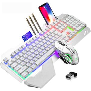 Wireless Gaming Keyboard and Mouse,RGB Backlit Rechargeable Keyboard Mouse with 5000mAh Battery Metal Panel,Removable Hand Rest Mechanical Feel Keyboard and 7 Color Gaming Mute Mouse for PC Gamers