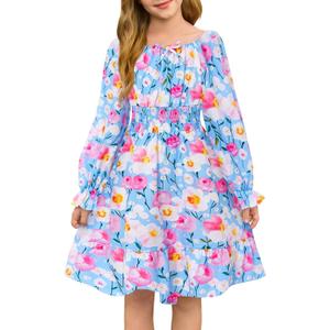 Haloumoning Girls Fall Long Sleeve Floral Dresses Kids Square Neck Smocked Holiday Party Dress 5-14 Years