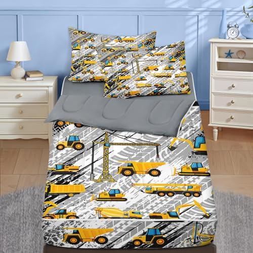 Nesker Twin Zipper Bedding, Excavator Tractor Zipper Bedding Sets for Boys, 3pcs All in on one, Yellow Truck Engineering Car Kids Comforter Set with Fitted Sheet and 2 Pillowcases