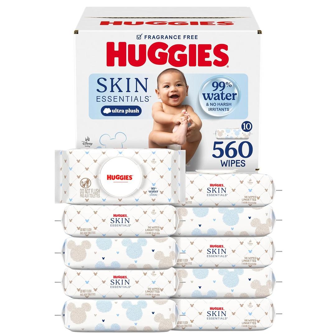 Huggies Skin Essentials Baby Wipes, Hypoallergenic, 99% Water, 10 Flip Top Packs (560 Wipes Total) (White)
