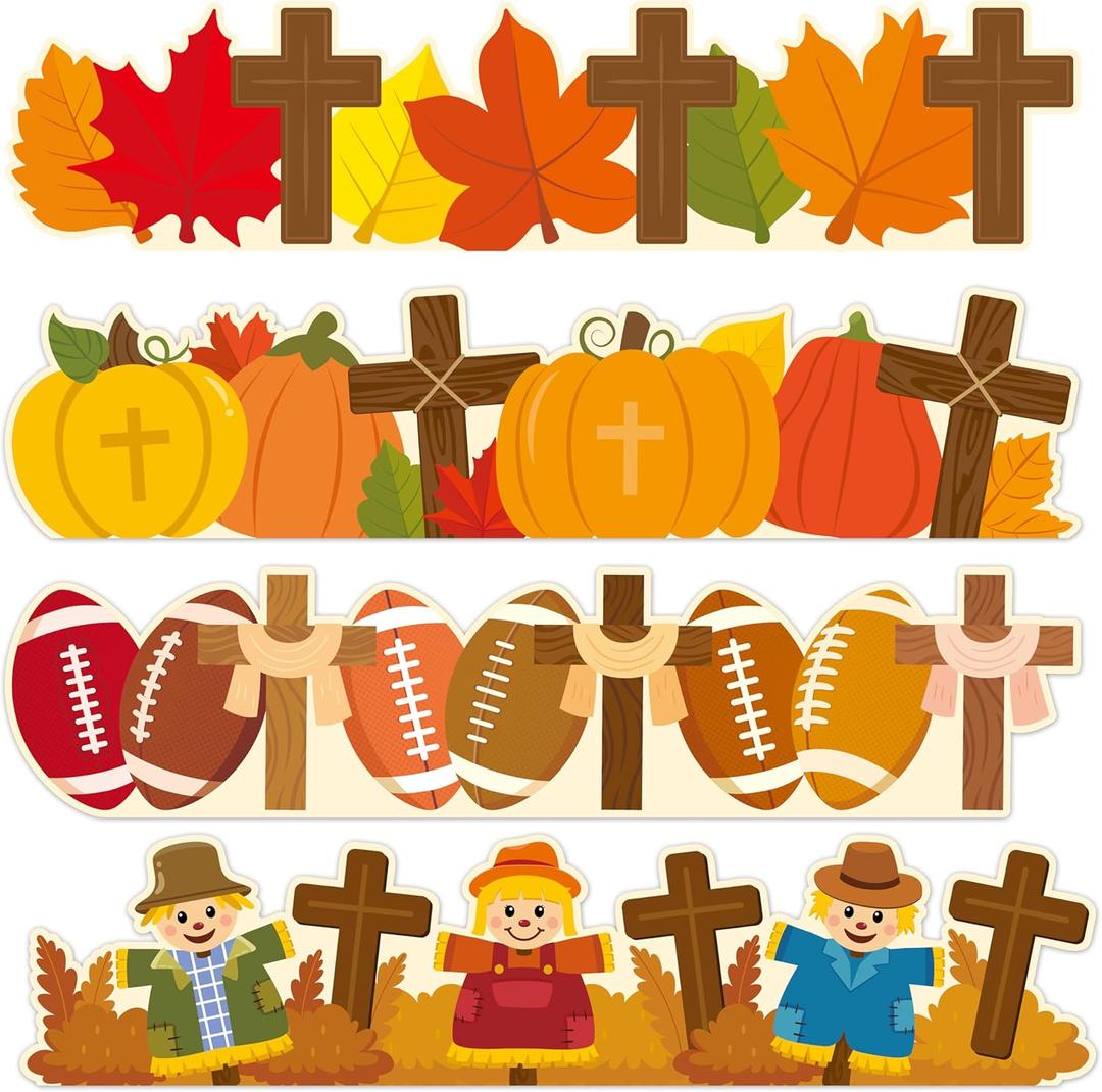 3 x BeYumi Fall Religious Border Trim - 80Pcs Fall Religious Cross Bulletin Board Border Autumn Leaves Pumpkin Football Scarecrow Decor Thanksgiving Christian School Classroom Office Chalkboard Decoration
