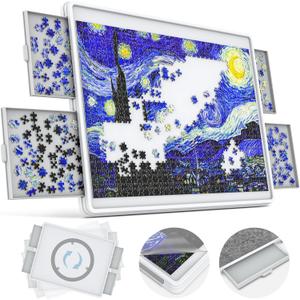 1500 Piece Rotating Puzzle Board 4 Drawers and Cover, 35"x28" Double Sided Felt Mat Portable Jigsaw Puzzle Table with Lazy Susan Spinning for Adults and Kids