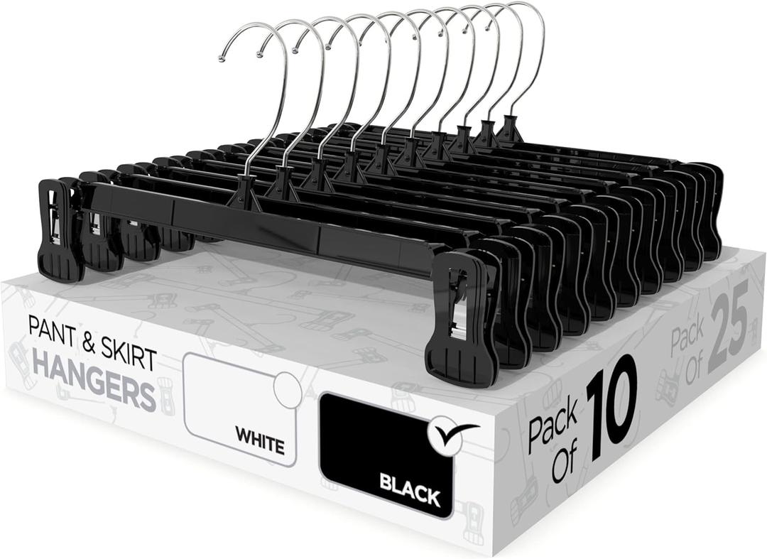Sharpty Pant & Skirt Hangers - Closet Hangers for Shorts, Shirts, Jeans, Dresses, Slacks, Coats, Clothes, Clothing, Garments & More - Durable, Space Saving & Non-Slip, Black - 10 Pack
